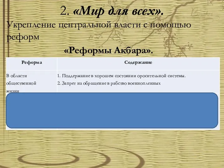 2. «Мир для всех». Укрепление центральной власти с помощью реформ «Реформы Акбара».