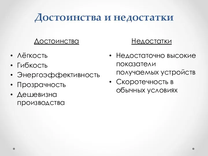 Достоинства и недостатки Достоинства Недостатки Лёгкость Гибкость Энергоэффективность Прозрачность Дешевизна