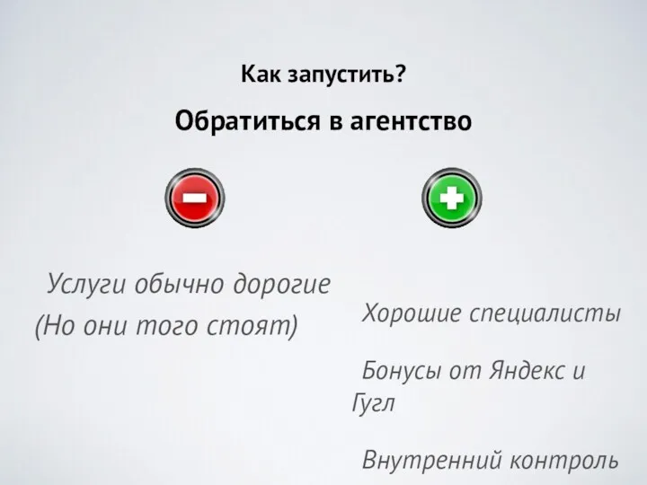 Как запустить? Хорошие специалисты Бонусы от Яндекс и Гугл Внутренний