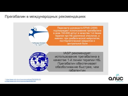 Прегабалин в международных рекомендациях 1 https://www.ncbi.nlm.nih.gov/pmc/articles/PMC6299178/ 2 https://www.ncbi.nlm.nih.gov/pubmed/20402746