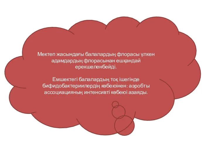 Мектеп жасындағы балалардың флорасы үлкен адамдардың флорасынан ешқандай ерекшеленбейді. Емшектегі балалардың тоқ ішегінде