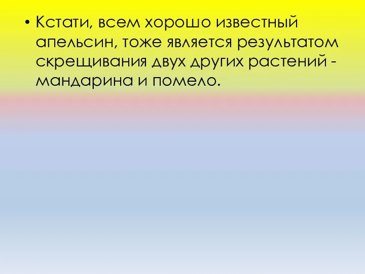 Кстати, всем хорошо известный апельсин, тоже является результатом скрещивания двух других растений - мандарина и помело.