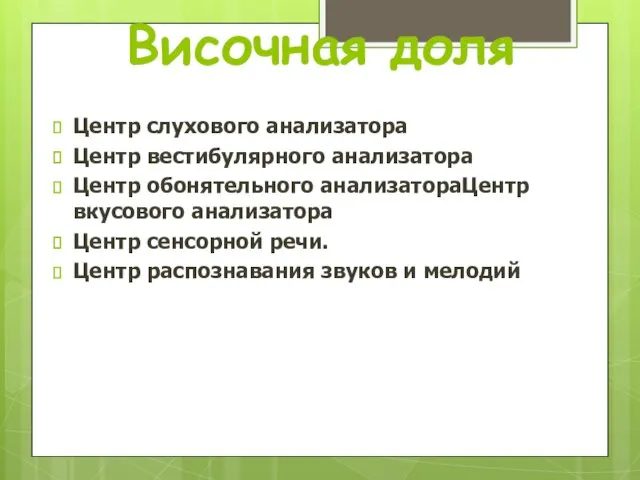 Височная доля Центр слухового анализатора Центр вестибулярного анализатора Центр обонятельного