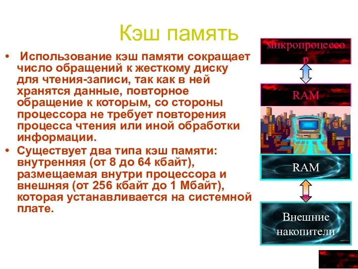 Кэш память Использование кэш памяти сокращает число обращений к жесткому