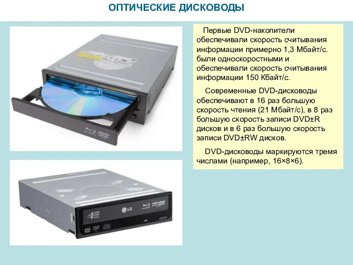 ОПТИЧЕСКИЕ ДИСКОВОДЫ Первые DVD-накопители обеспечивали скорость считывания информации примерно 1,3