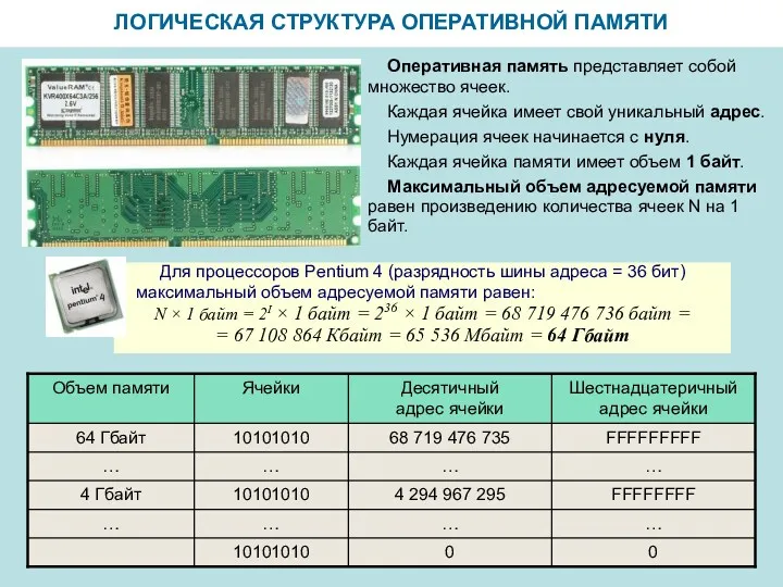 ЛОГИЧЕСКАЯ СТРУКТУРА ОПЕРАТИВНОЙ ПАМЯТИ Оперативная память представляет собой множество ячеек.