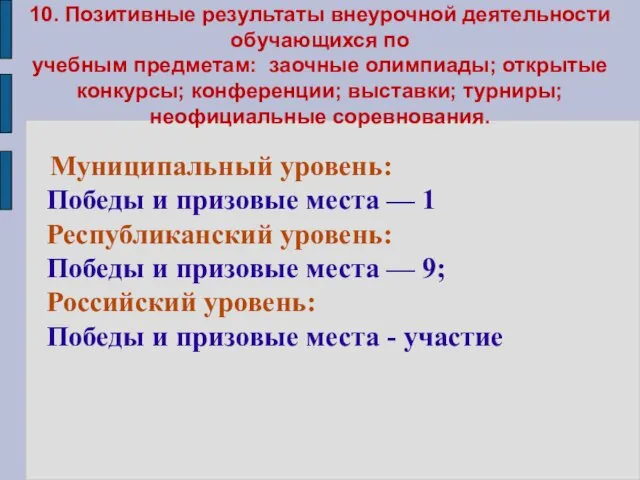 10. Позитивные результаты внеурочной деятельности обучающихся по учебным предметам: заочные