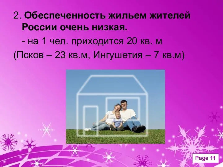 2. Обеспеченность жильем жителей России очень низкая. - на 1 чел. приходится 20