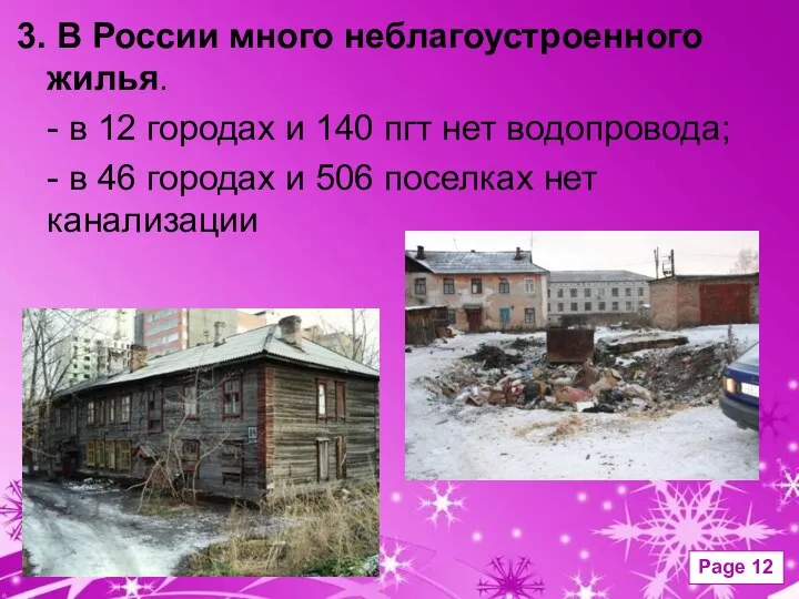 3. В России много неблагоустроенного жилья. - в 12 городах и 140 пгт