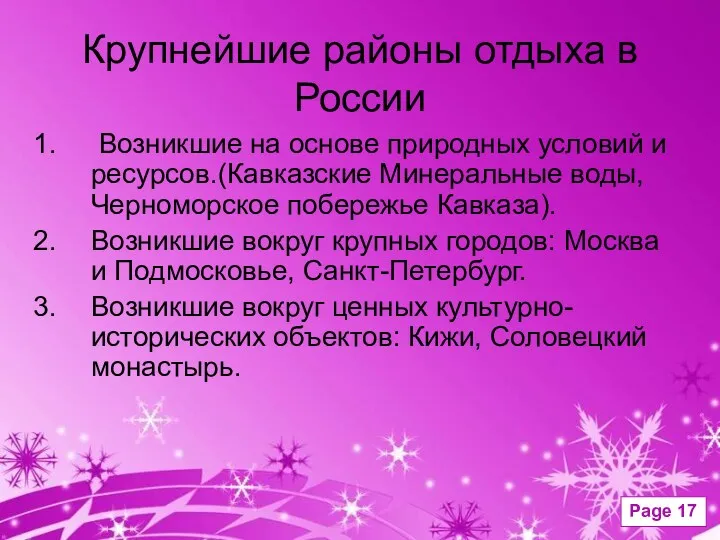 Крупнейшие районы отдыха в России Возникшие на основе природных условий и ресурсов.(Кавказские Минеральные