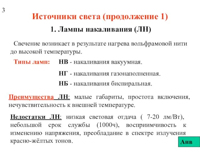 Источники света (продолжение 1) 1. Лампы накаливания (ЛН) Свечение возникает