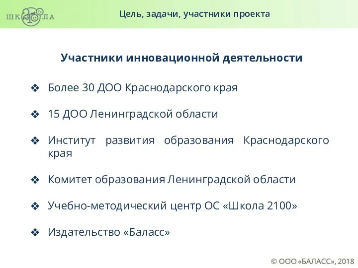 Цель, задачи, участники проекта Участники инновационной деятельности Более 30 ДОО