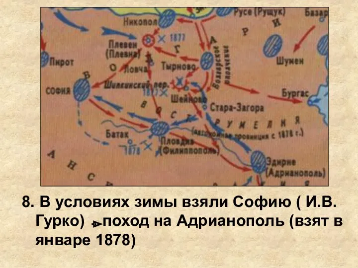 8. В условиях зимы взяли Софию ( И.В. Гурко) поход на Адрианополь (взят в январе 1878)