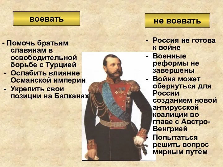 не воевать воевать - Помочь братьям славянам в освободительной борьбе с Турцией Ослабить