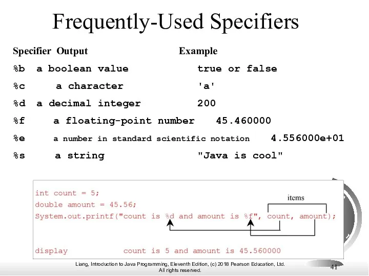 Frequently-Used Specifiers Specifier Output Example %b a boolean value true