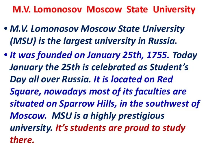 M.V. Lomonosov Moscow State University M.V. Lomonosov Moscow State University