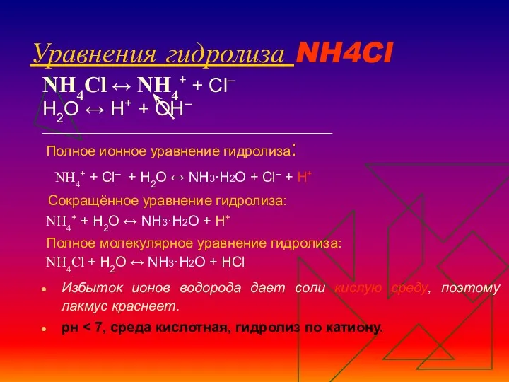 Уравнения гидролиза NH4Cl NH4Cl ↔ NH4+ + Сl– Н2O ↔