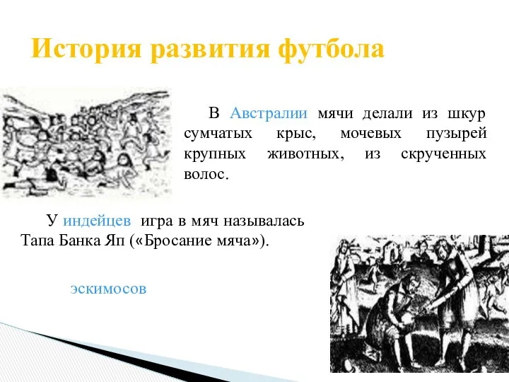 История развития футбола В Австралии мячи делали из шкур сумчатых