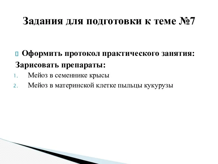 Оформить протокол практического занятия: Зарисовать препараты: Мейоз в семеннике крысы