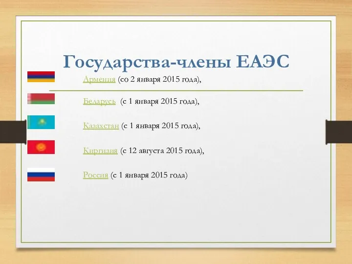 Государства-члены ЕАЭС Армения (со 2 января 2015 года), Беларусь (с 1 января 2015