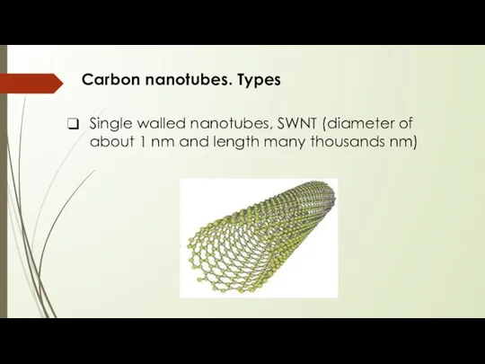 Carbon nanotubes. Types Single walled nanotubes, SWNT (diameter of about