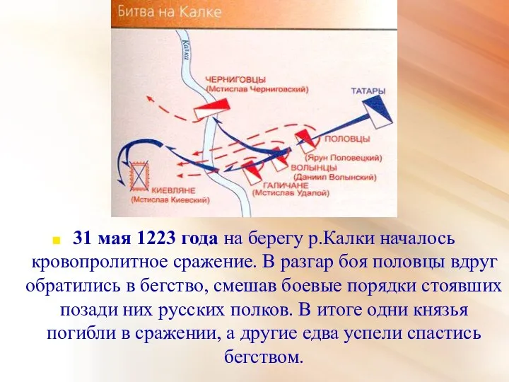 31 мая 1223 года на берегу р.Калки началось кровопролитное сражение. В разгар боя