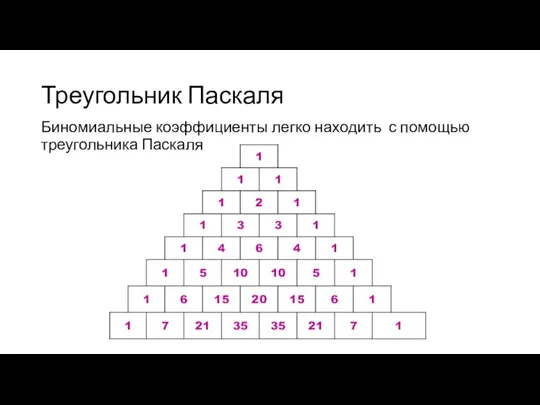 Треугольник Паскаля Биномиальные коэффициенты легко находить с помощью треугольника Паскаля