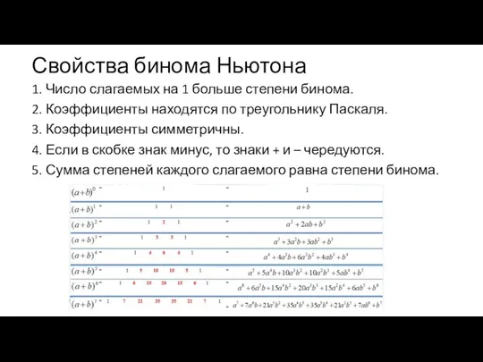 Свойства бинома Ньютона 1. Число слагаемых на 1 больше степени