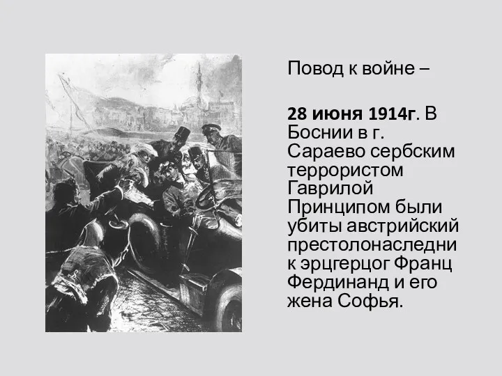 Повод к войне – 28 июня 1914г. В Боснии в