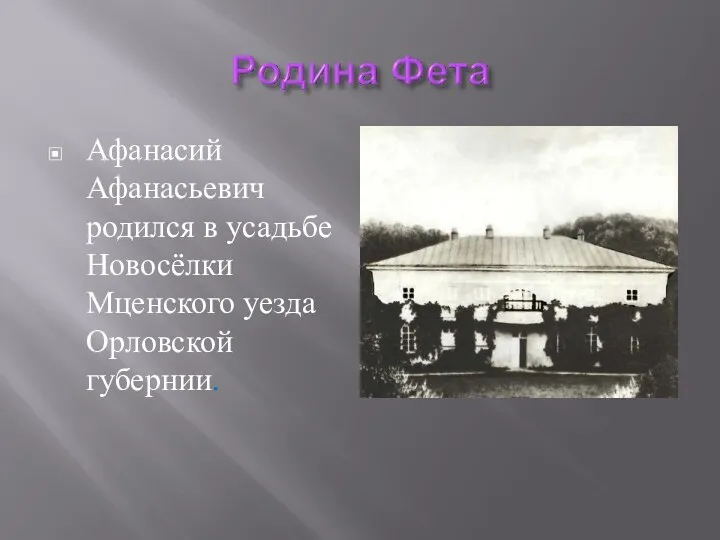 Афанасий Афанасьевич родился в усадьбе Новосёлки Мценского уезда Орловской губернии.