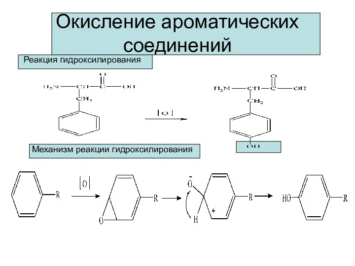 Окисление ароматических соединений Реакция гидроксилирования Механизм реакции гидроксилирования