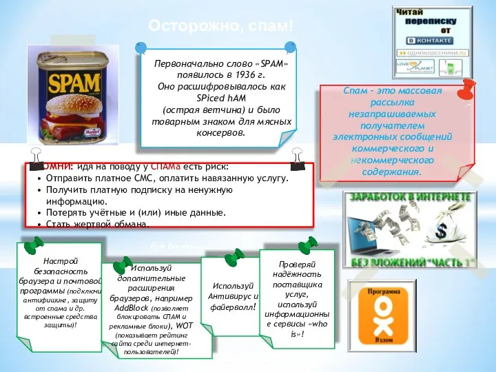 Осторожно, спам! Будь внимателен! Первоначально слово «SPAM» появилось в 1936