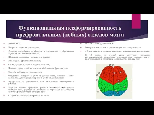 Функциональная несформированность префронтальных (лобных) отделов мозга ПРИЗНАКИ: Нарушено «чувство дистанции»;