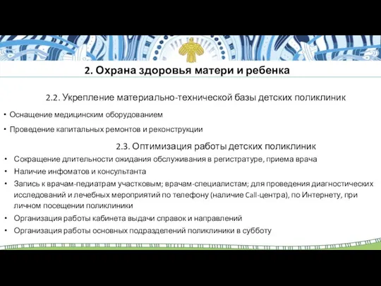 2.2. Укрепление материально-технической базы детских поликлиник Оснащение медицинским оборудованием Проведение