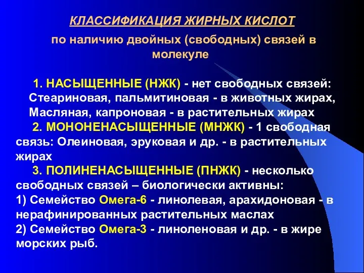 КЛАССИФИКАЦИЯ ЖИРНЫХ КИСЛОТ по наличию двойных (свободных) связей в молекуле