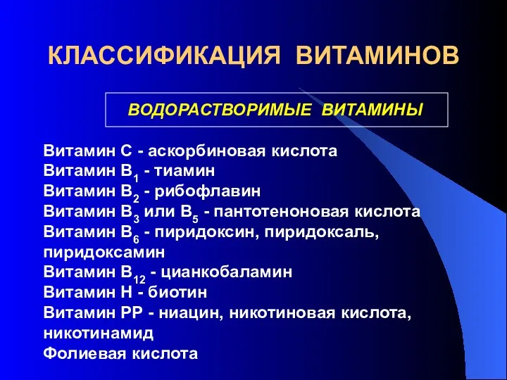 КЛАССИФИКАЦИЯ ВИТАМИНОВ ВОДОРАСТВОРИМЫЕ ВИТАМИНЫ Витамин С - аскорбиновая кислота Витамин