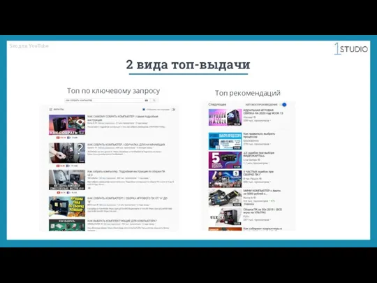 Seo для YouTube 2 вида топ-выдачи Топ по ключевому запросу Топ рекомендаций