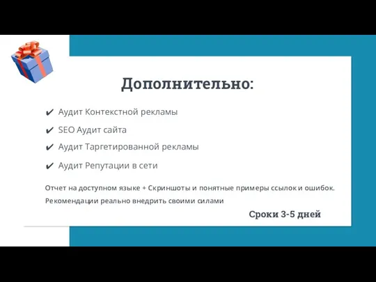 Дополнительно: Аудит Контекстной рекламы SEO Аудит сайта Аудит Таргетированной рекламы