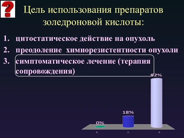 Цель использования препаратов золедроновой кислоты: цитостатическое действие на опухоль преодоление химиорезистентности опухоли симптоматическое лечение (терапия сопровождения)