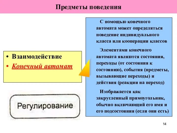 Взаимодействие Конечный автомат С помощью конечного автомата может определяться поведение