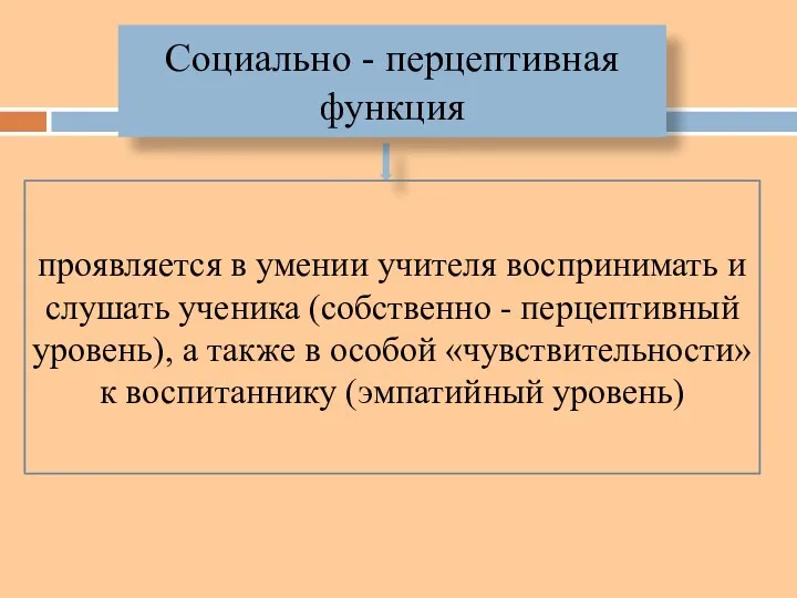 Социально - перцептивная функция проявляется в умении учителя воспринимать и слушать ученика (собственно