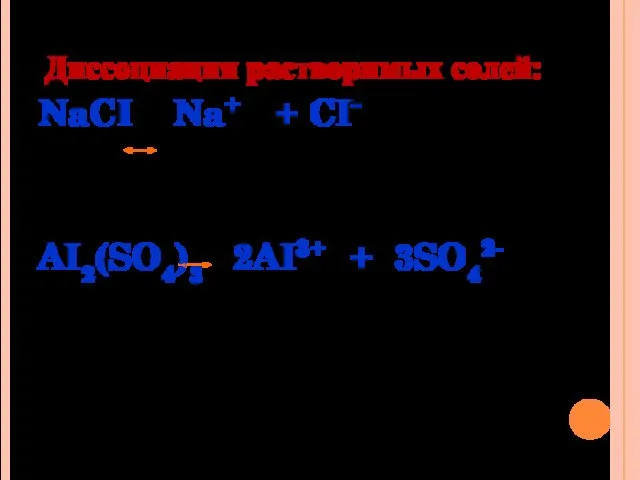 Диссоциация растворимых солей: NaCI Na+ + CI- AI2(SO4)3 2AI3+ + 3SO42-