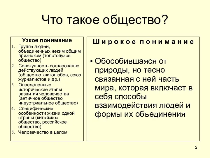 Что такое общество? Узкое понимание Группа людей, объединенных неким общим