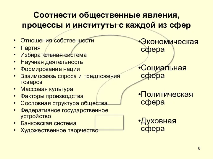 ? Соотнести общественные явления, процессы и институты с каждой из