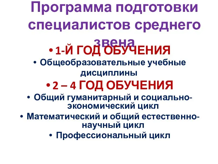 Программа подготовки специалистов среднего звена 1-Й ГОД ОБУЧЕНИЯ Общеобразовательные учебные