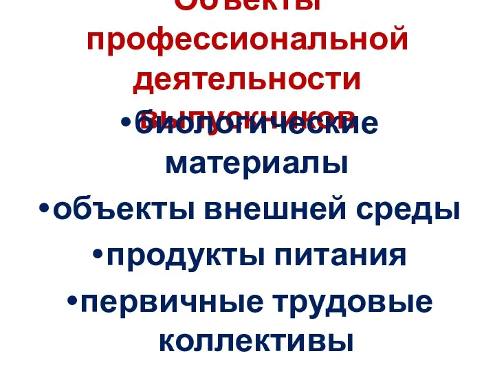 Объекты профессиональной деятельности выпускников биологические материалы объекты внешней среды продукты питания первичные трудовые коллективы