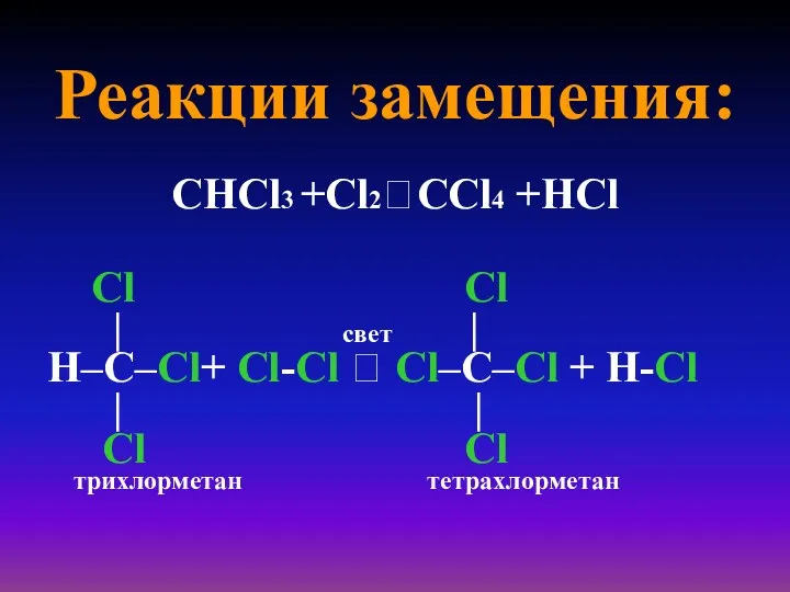 Реакции замещения: СНCl3 +Cl2?СCl4 +НCl Cl Cl | свет |