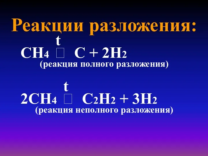 Реакции разложения: t СН4 ? С + 2H2 (реакция полного