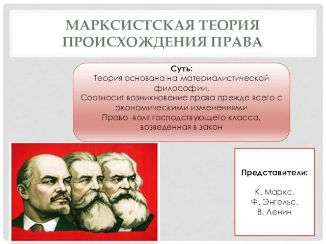 МАРКСИСТСКАЯ ТЕОРИЯ ПРОИСХОЖДЕНИЯ ПРАВА Суть: Теория основана на материалистической философии.