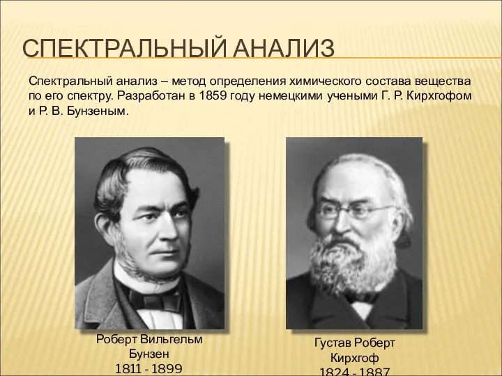 СПЕКТРАЛЬНЫЙ АНАЛИЗ Густав Роберт Кирхгоф 1824 - 1887 Роберт Вильгельм